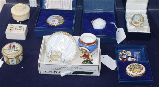 Five Halcyon Days enamelled boxes including a golf ball example (boxed), three other boxes and three small ceramic items